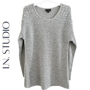 I.N. STUDIO Petite Gray Knit Sweater with Gemstone Detail - XLP, NWT!
